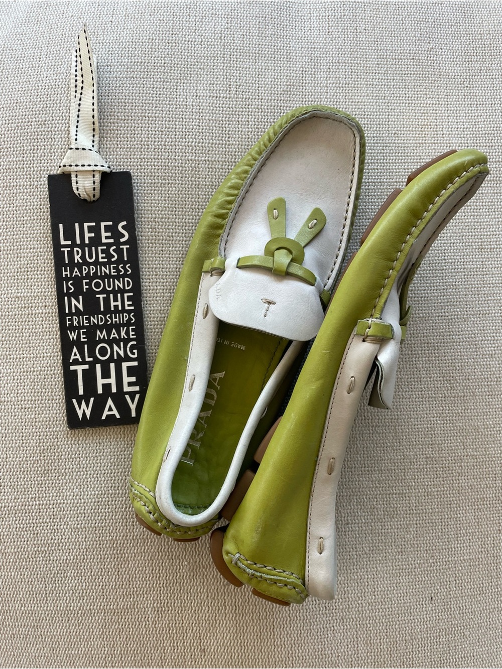 Prada Women's Lime Green and White Leather Driving Loafers